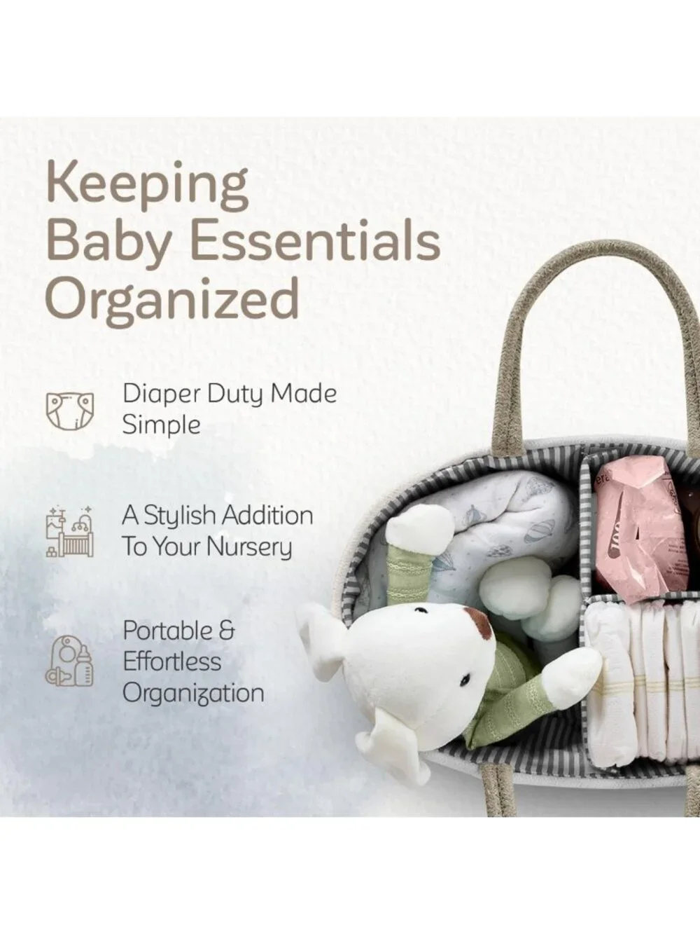 Large Gray Woven Diaper Caddy Organizer | Multi-Functional Baby Storage Basket